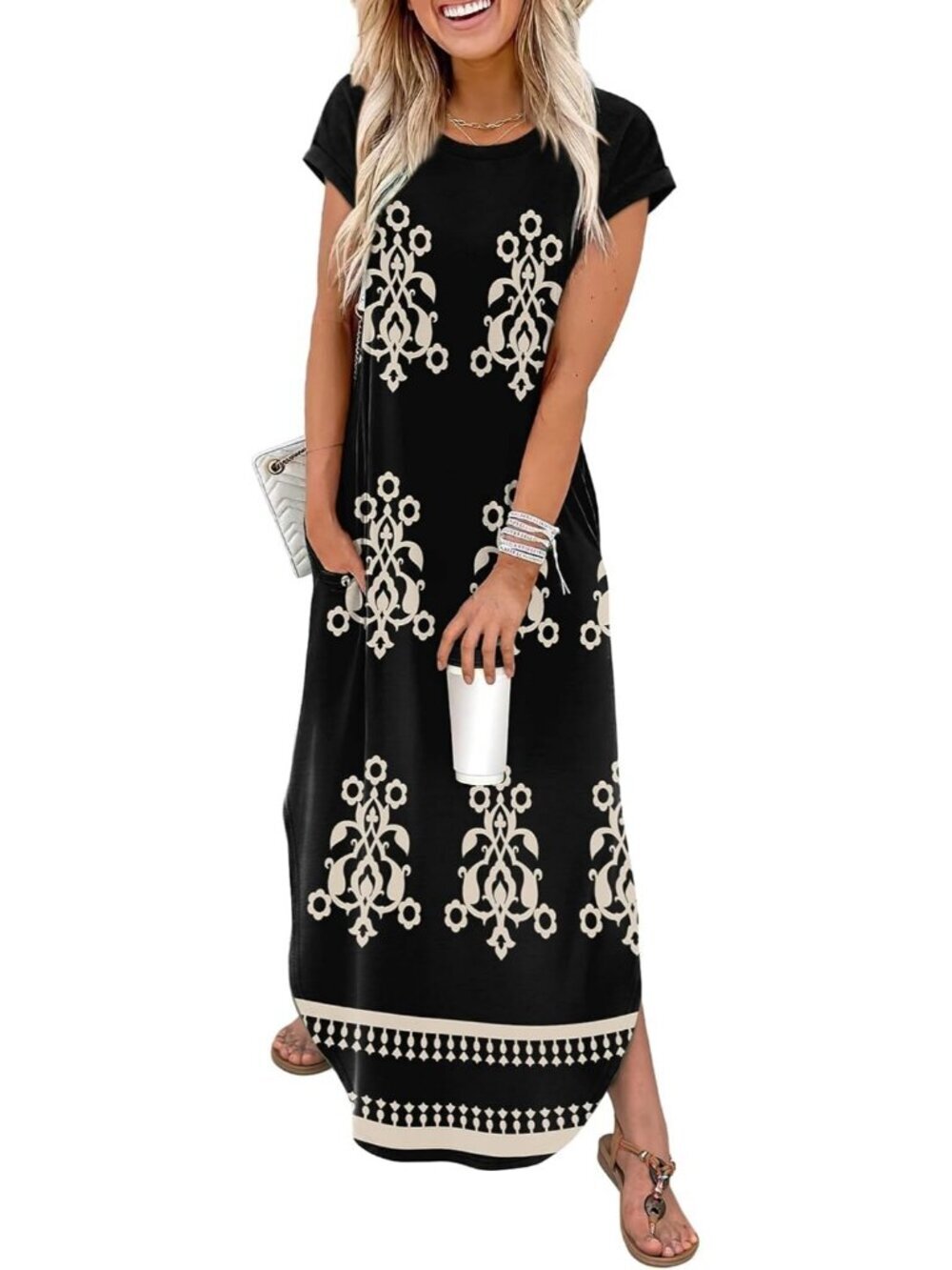 Women Boho Black Floral Cap Sleeve Crewneck Pockets Beach Casual Long Maxi Dress
